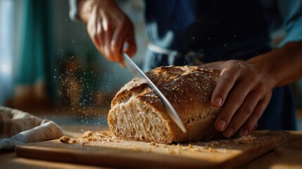 Close-up shot of hands slicing fresh bread with a knife, capturing the aroma and texture of the bread 