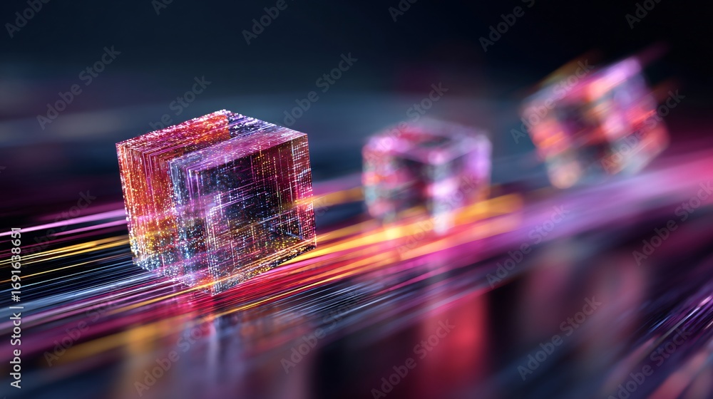 Poster abstract three-dimensional glowing cubes emitting light trails symbolize data flow beautifully.