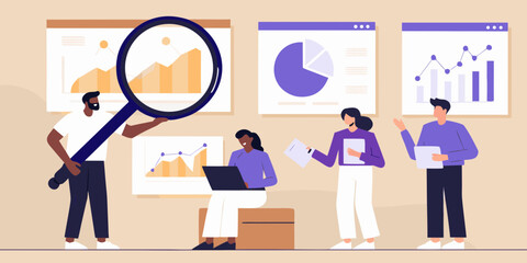 Diverse team analyzing charts and graphs on screens with a magnifying glass for data insights