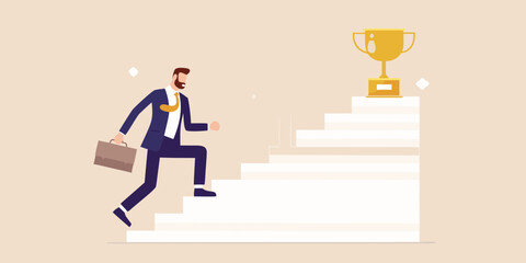 Businessman climbing stairs towards a golden trophy representing success and achievement in career goals