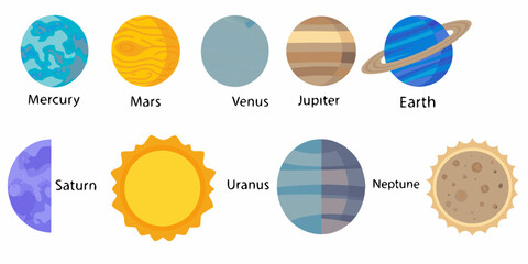 Collection of cartoon planets and the sun from our solar system with their names labeled © Smritykona