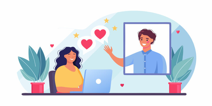 Woman on a video call with a man sending love and hearts through the screen