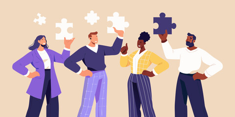 Diverse team of people holding puzzle pieces symbolizing collaboration and problem solving in business
