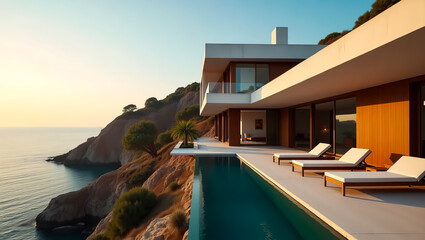 Luxurious modern villa with infinity pool overlooking the ocean cliffside at sunset offering breathtaking views and elegant outdoor seating for relaxation