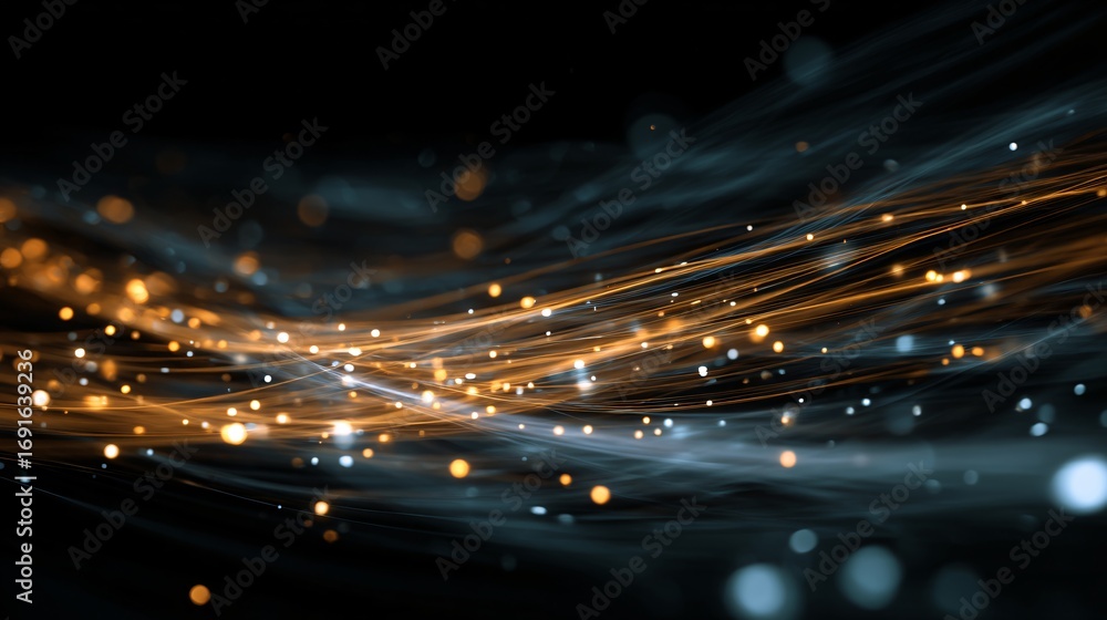 Poster dynamic streaks of golden light weave through a dark space, creating a blurred effect.