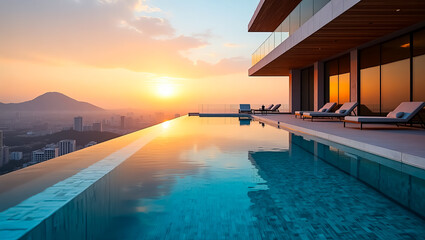 A luxurious infinity pool overlooking a sprawling city skyline at sunset with lounge chairs and modern architecture creating a serene upscale vacation retreat