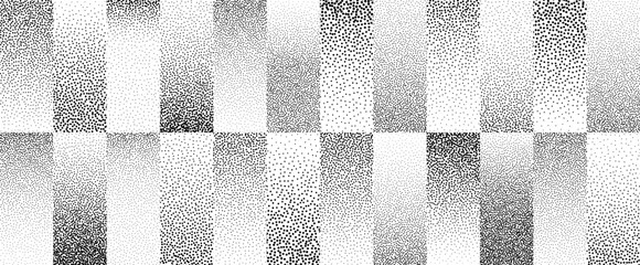 Fototapeta na wymiar Stippled gradient stripes background. Fading sandy geometric gradation lines wallpaper. Gritty dotted rectangle wallpaper for overlay, print, cover. Vector repeated dot work strip pattern backdrop