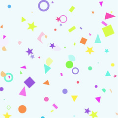 A vibrant and colorful illustration featuring various geometric shapes scattered across a light background.