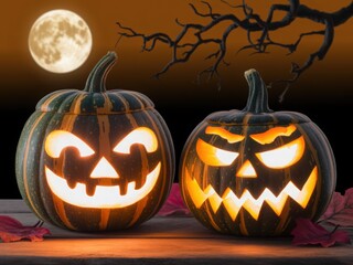 Halloween Pumpkins with Moon and Tree Silhouette