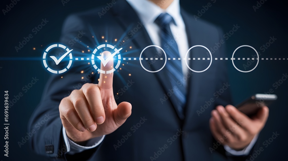 Poster businessman touching digital checklist with tick mark icons concept representing task completion wor