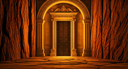 Grand Entrance with Ornate Doorway and Rocky Walls, Evoking Mystery and Grandeur