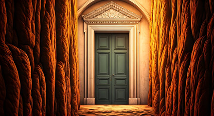 Mysterious Green Doorway with Ornate Archway and Textured Orange Walls