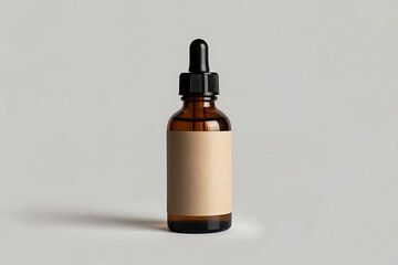 Amber glass dropper bottle with blank kraft paper label on a neutral background
