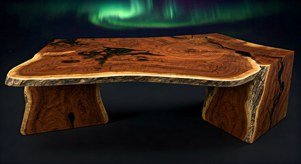 Exquisite Live edge Wooden Table with Aurora Borealis Background, Showcasing Natural Wood Grain and Organic Design