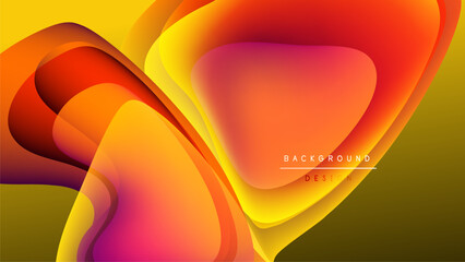 Abstract fluid shapes, vibrant colors blend. Orange, yellow, purple hues create dynamic flow over black background. Modern design element.