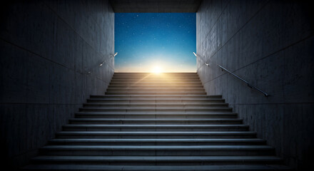 Ascending Stairs Toward a Brilliant Sunrise Under a Starry Sky in a Concrete Tunnel