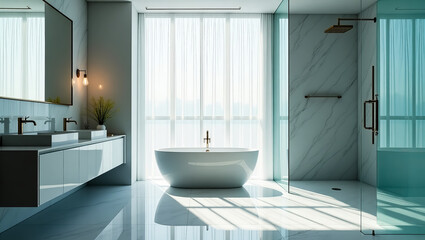 Luxurious modern bathroom featuring a freestanding soaking tub elegant double vanity and a spacious glass-enclosed shower with marble tile