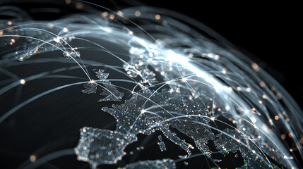 A digital network image showcasing global connectivity over Europe with glowing nodes and lines, representing data flow and communication.