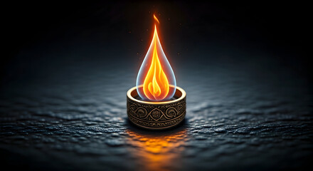 A Flame Rises from an Ornate Golden Ring on a Textured Dark Surface