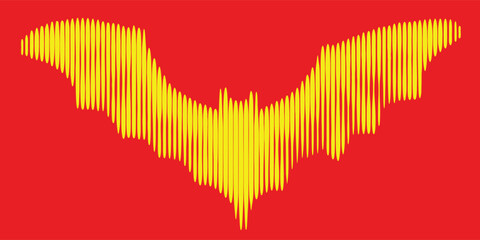 Bat in half tone style. Flying mouse with extended wings. Heraldry and coat of arms with a red background and a yellow silhouette. Vector icon