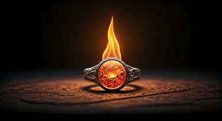 Ornate Ring with Fiery Gemstone and Flames, Mystical and Powerful Object, Dark Background
