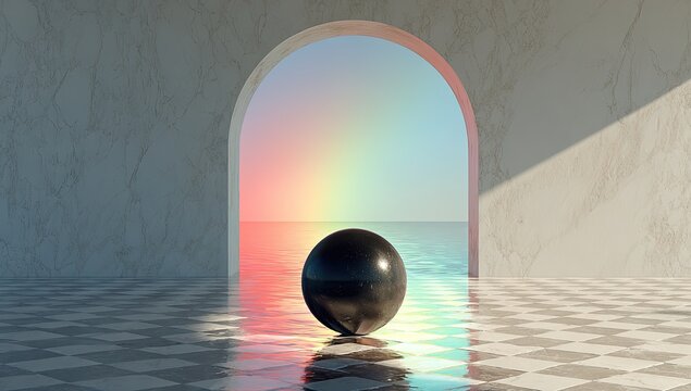 Abstract archway, black sphere, rainbow, tranquil