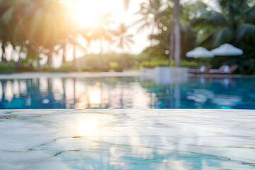 Fototapeta premium Empty white marble stone blurred tropical swimming pool background
