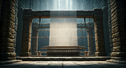 Ancient Stone Structure Housing a Large, Vertical Loom with Numerous White Threads