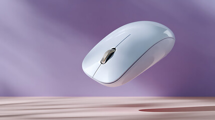 Modern wireless computer mouse floating against a soft purple background with shadow play