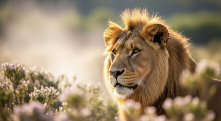 Fototapeta premium Majestic male lion with golden mane gazes intently through soft morning mist and wildflowers