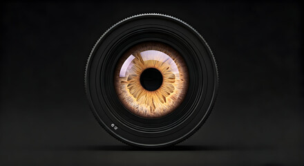 Close up of a Realistic Human Eye Reflected in a Camera Lens Against a Dark Background