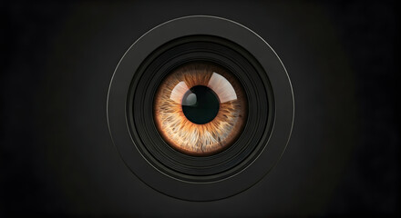 Close up View of a Realistic Human Eye with Intricate Iris Detail Within a Camera Lens Aperture, Symbolizing Vision and Technology