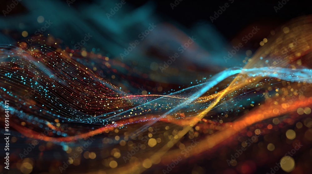 Poster abstract glowing streaks flow and illuminate a digital landscape, creating dynamic visual paths.