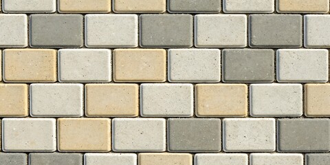 Close up abstract view of a textured wall made of square interlocking concrete paving stones in muted earthy tones