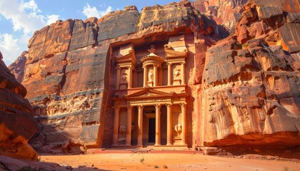 A magnificent sandstone structure, carved into the face of a dramatic cliff, showcases ancient artistry and history.