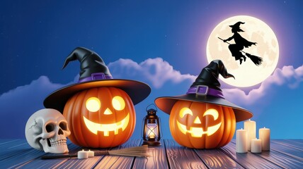 Halloween Pumpkins with Witch Hat and Skull Decoration