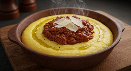 Polenta with meat on a rustic wooden table