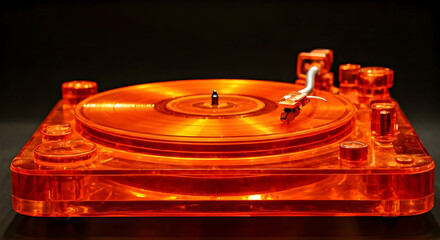 Vibrant Orange Acrylic Turntable with Tonearm and Stylus on a Dark Background
