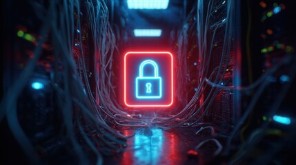 Digital padlock glowing with neon light in a futuristic server room
