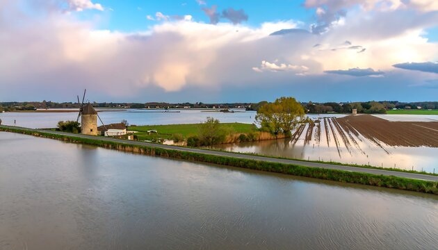 Floodwaters inundate farmland, windmill stands - Powered by Adobe