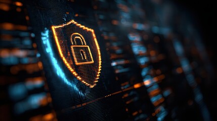 Digital shield with padlock symbol representing cybersecurity and data protection