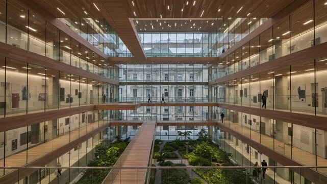 Interior view of a multistory modern building with wooden walkways
