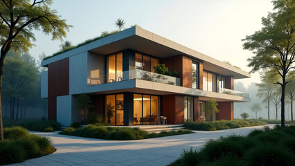Modern luxury residential home estate with green roof and large glass windows showcasing interior lighting and surrounding trees during daytime