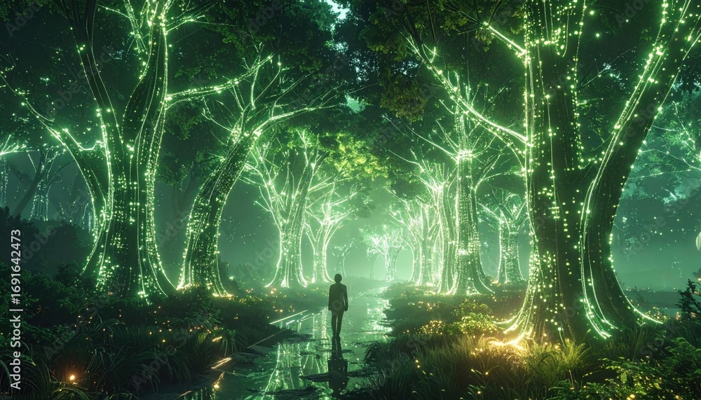 Poster a solitary figure walks down an enchanting pathway lined with glowing trees in a mystical forest at 