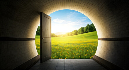 Open Doorway Revealing a Sun drenched Meadow of Yellow Flowers and Lush Green Hills Under a Blue Sky