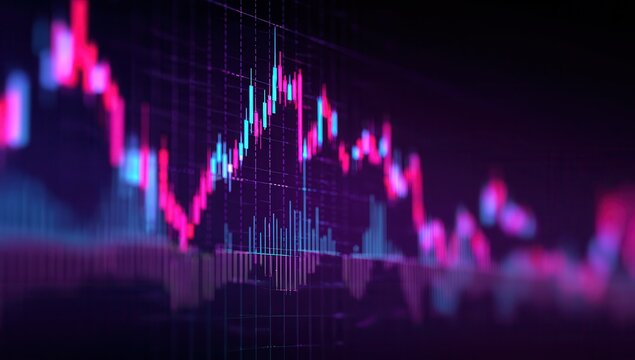 Abstract stock market graph with neon pink and blue lights on a dark background