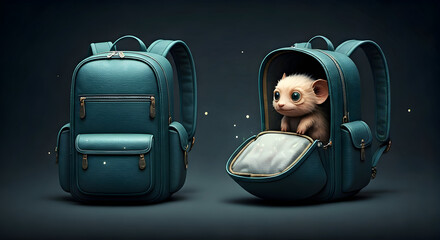 Adorable Small Creature Peeking Out of a Teal Backpack with Golden Accents