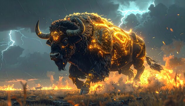 A colossal mythical battle buffalo, its powerful form adorned with radiant glowing tribal markings and fiery gold elements, charges through a dramatic, lightning-strewn storm