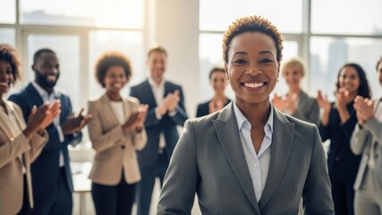 A group of diverse professionals applauding a woman in a suit, celebrating her achievement in a bright office.