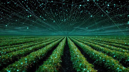 Vast green field of crops stretching to the horizon under a starry night sky